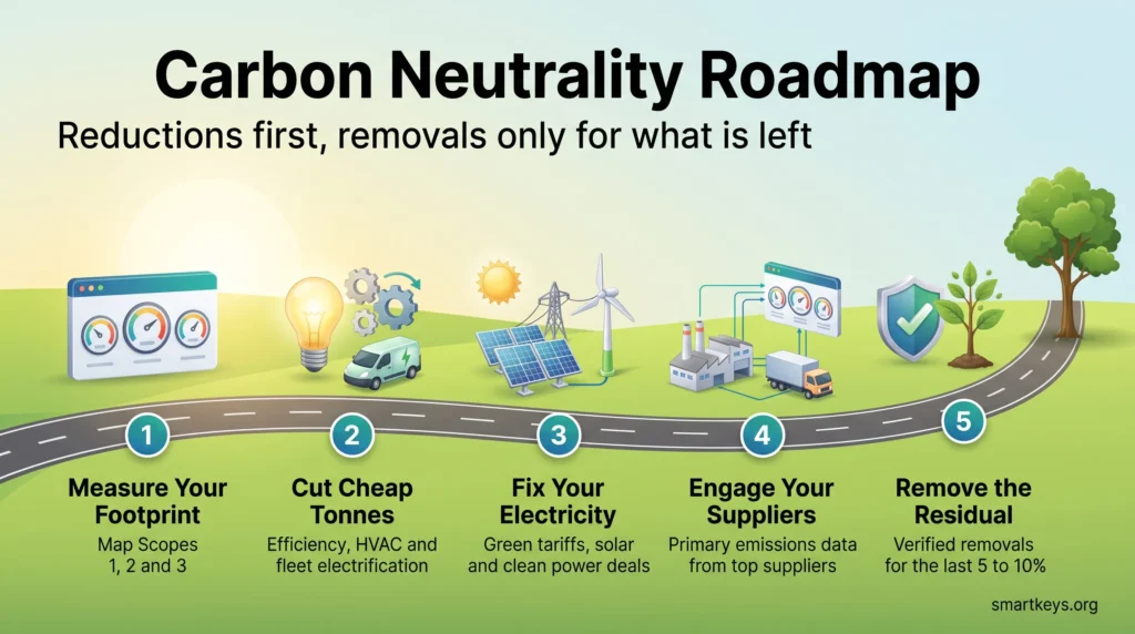 Carbon neutrality roadmap infographic: measure your footprint, cut cheap tonnes, fix electricity, engage suppliers, then remove the residual.