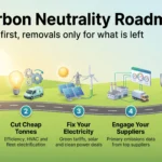 Carbon neutrality roadmap infographic: measure your footprint, cut cheap tonnes, fix electricity, engage suppliers, then remove the residual.