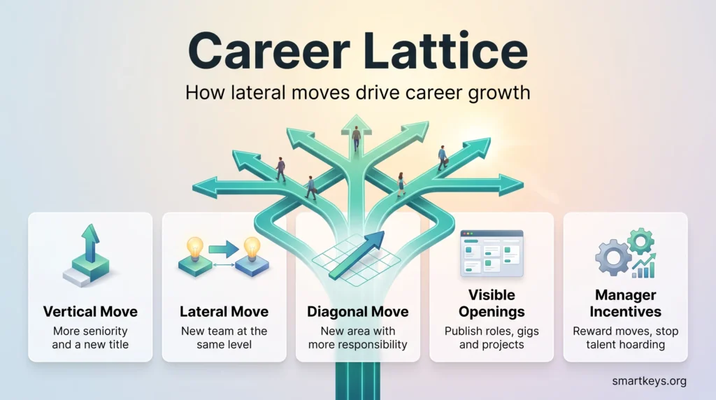 Career lattice infographic showing vertical, lateral and diagonal moves as paths to career growth, plus visible openings and manager incentives.