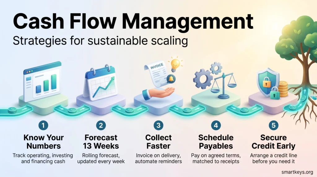 Cash flow management infographic showing five steps: know your numbers, forecast 13 weeks, collect faster, schedule payables and secure credit early.