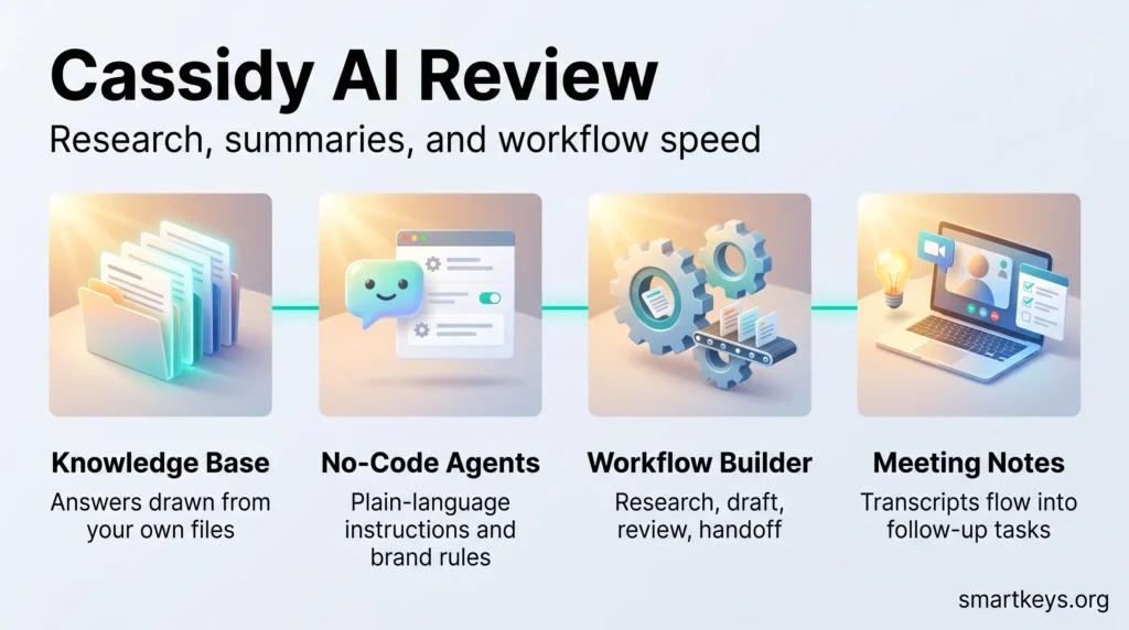 Infographic from the Cassidy AI review with four illustrated tiles for its core parts: knowledge base, no-code agents, workflow builder and meeting notes.