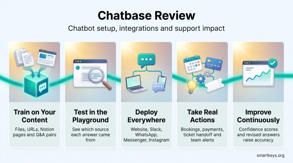 Chatbase review infographic showing five steps: train a chatbot on your content, test answers, deploy across channels, automate actions and improve accuracy.
