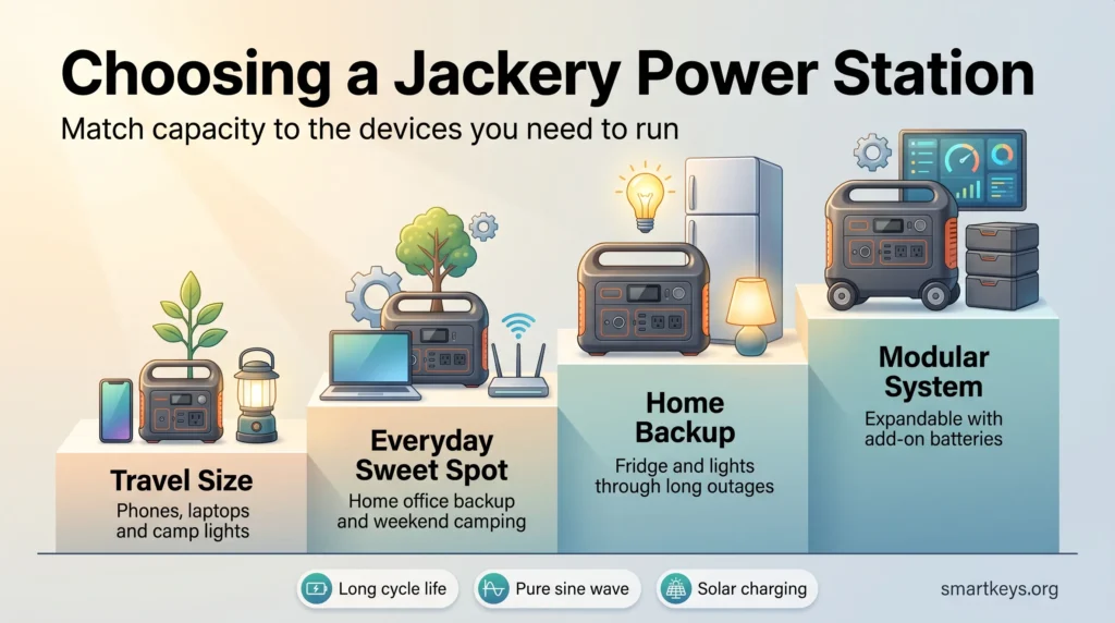 Infographic comparing Jackery power station sizes on a rising staircase, from compact travel units to modular home backup, matched to the devices each can run.