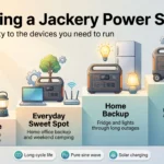 Infographic comparing Jackery power station sizes on a rising staircase, from compact travel units to modular home backup, matched to the devices each can run.