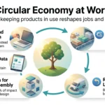 How the Circular Economy Is Changing Workplaces in 2026 Circular economy at work infographic showing a loop of five job areas: repair and refurbishment, materials recovery, reverse logistics, design for disassembly and product data.