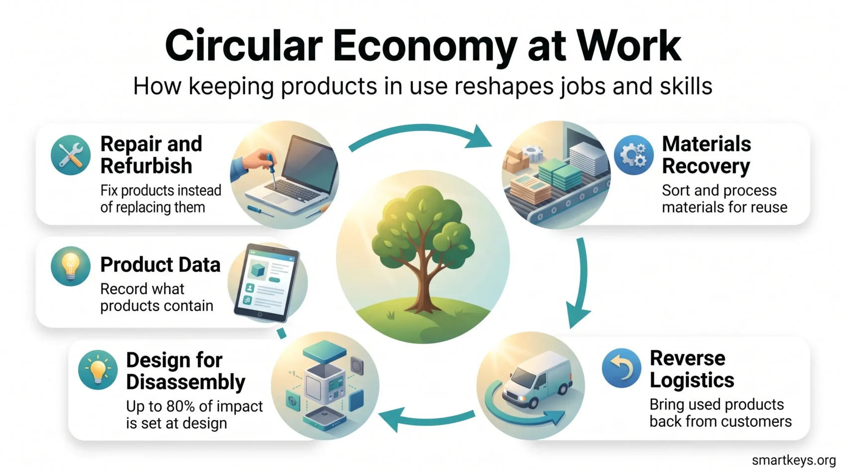 Circular economy at work infographic showing a loop of five job areas: repair and refurbishment, materials recovery, reverse logistics, design for disassembly and product data.
