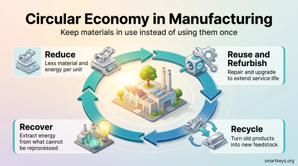 Circular economy manufacturing infographic showing four principles in a loop around a factory: reduce, reuse and refurbish, recycle and recover.