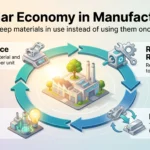 How the Circular Economy Is Changing Manufacturing in 2026 Circular economy manufacturing infographic showing four principles in a loop around a factory: reduce, reuse and refurbish, recycle and recover.
