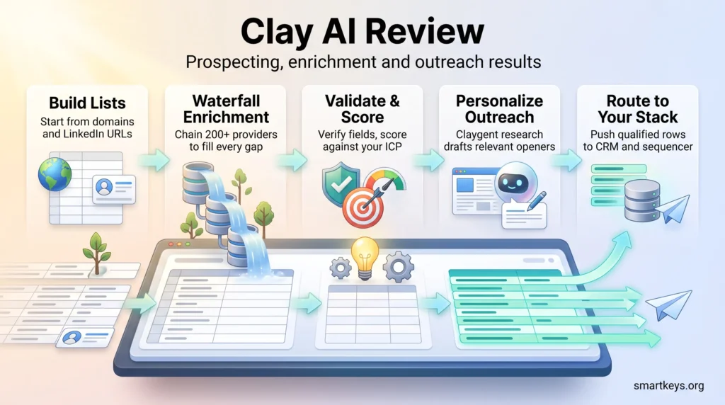 Clay AI review infographic showing the prospecting workflow: building lists, waterfall enrichment, scoring, personalized outreach and CRM routing.