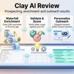 Clay AI Review 2026: Prospecting, Enrichment & Outreach Results Clay AI review infographic showing the prospecting workflow: building lists, waterfall enrichment, scoring, personalized outreach and CRM routing.