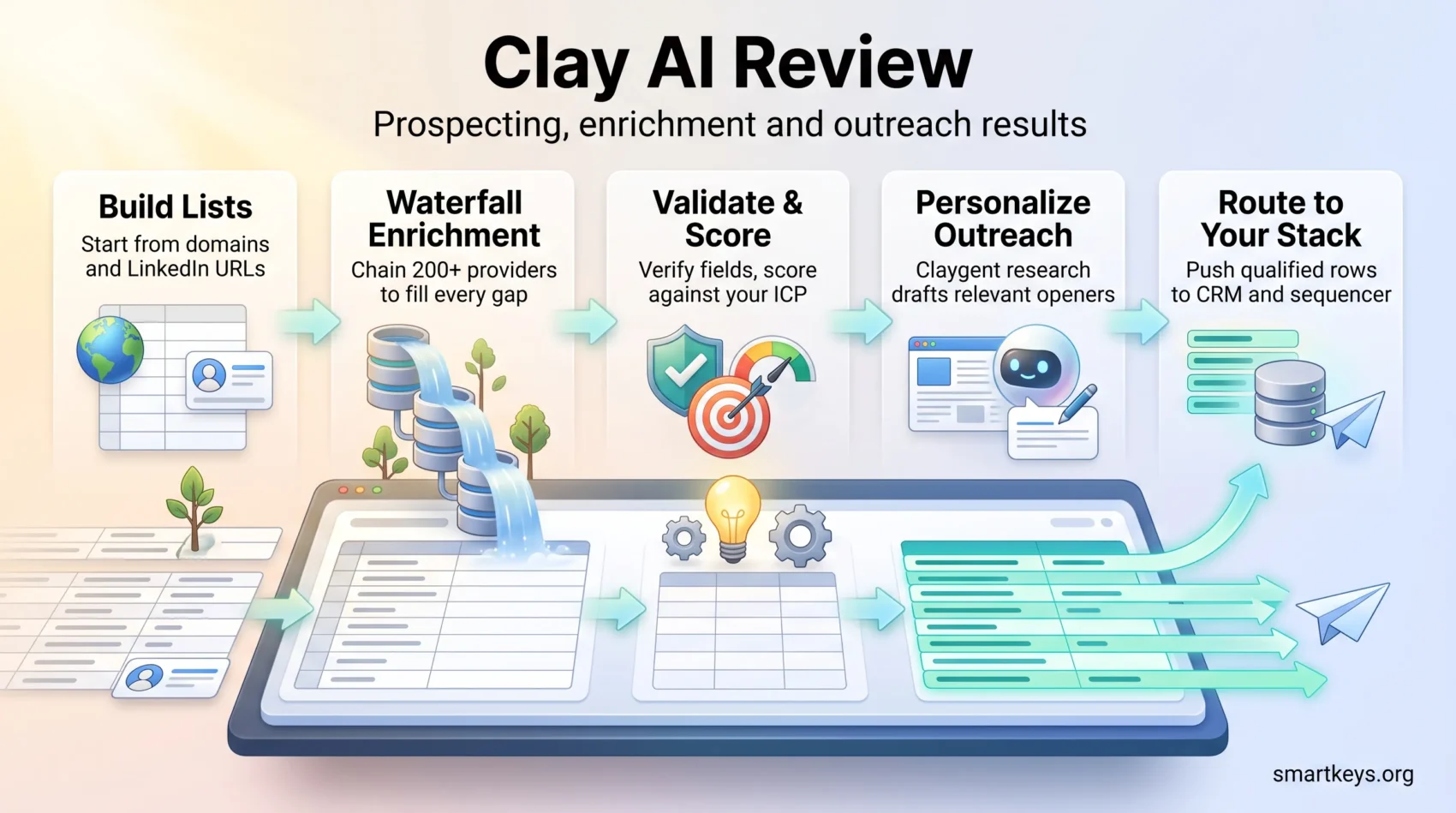 Clay AI review infographic showing the prospecting workflow: building lists, waterfall enrichment, scoring, personalized outreach and CRM routing.