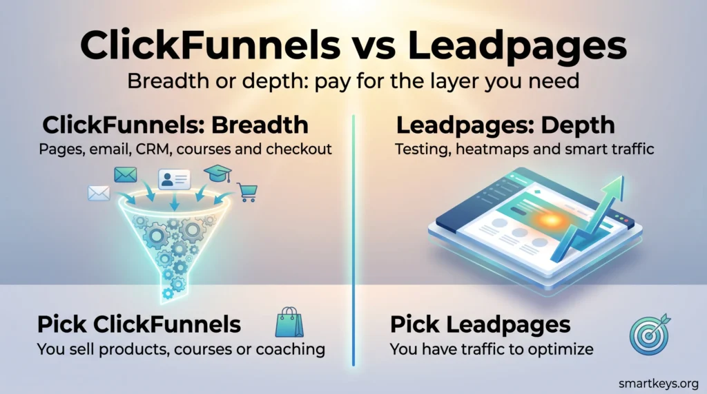 Infographic comparing ClickFunnels vs Leadpages: an all in one funnel platform for selling versus a landing page tool focused on testing and conversions.