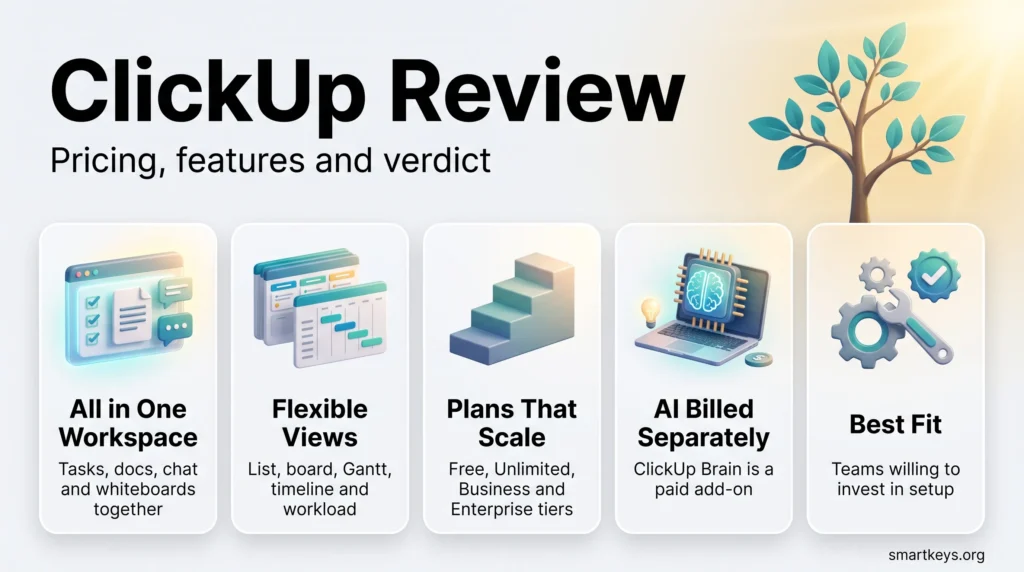 ClickUp review infographic showing an all in one workspace, flexible views, four scalable plans, AI billed separately and the teams it fits best.