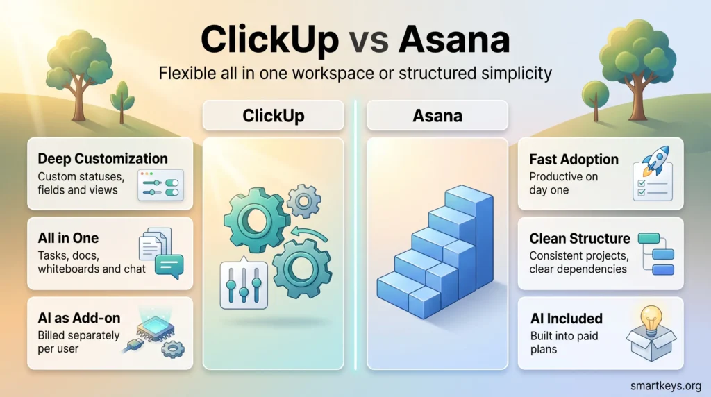 ClickUp vs Asana infographic: ClickUp brings deep customization and paid AI add-ons, while Asana offers fast adoption, clean structure and included AI.
