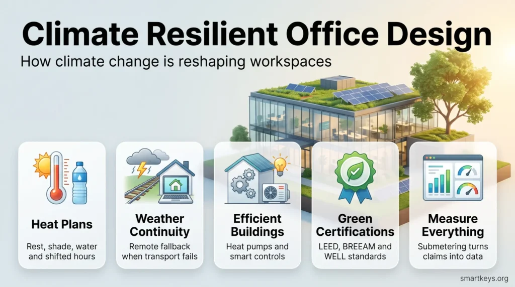 Climate resilient office design infographic: heat plans, weather continuity, efficient buildings, green certifications and measuring energy use.