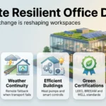 Climate Resilient Office Design: How Climate Change Is Reshaping Workspaces Climate resilient office design infographic: heat plans, weather continuity, efficient buildings, green certifications and measuring energy use.