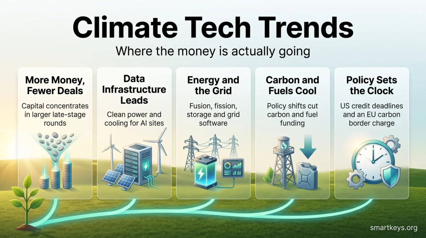 Climate tech trends infographic showing where the money is going: fewer but larger deals, data infrastructure, energy and the grid, cooling carbon funding and policy deadlines.