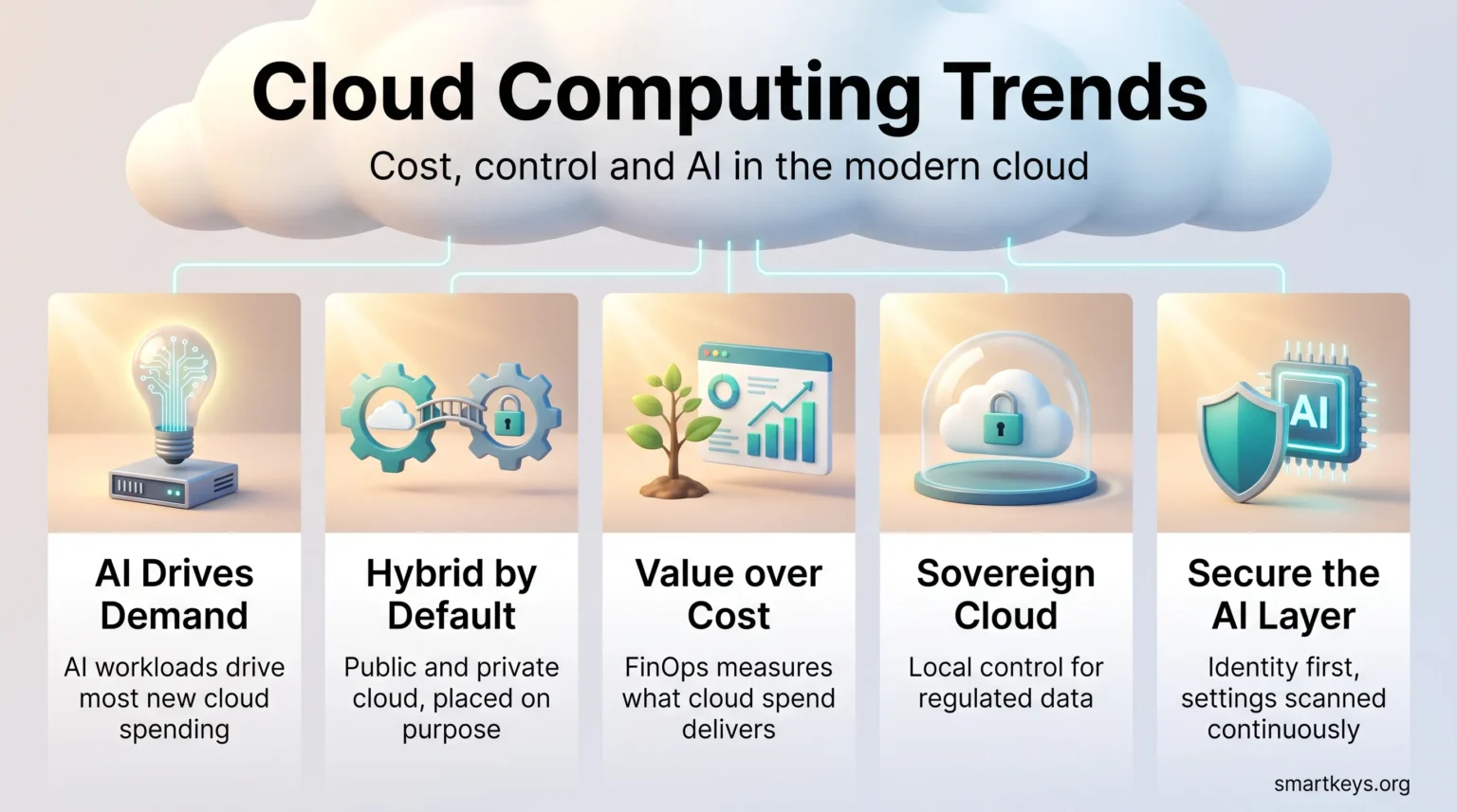 Infographic on cloud computing trends: AI driving demand, hybrid cloud by default, FinOps value focus, sovereign cloud and securing the AI layer.