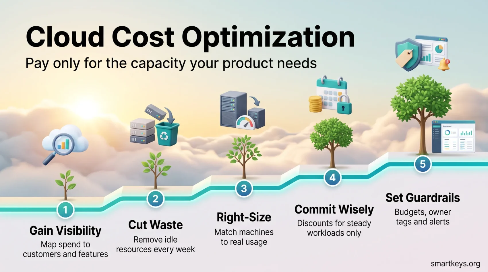 Cloud cost optimization infographic showing five steps on a rising path: gain visibility, cut waste, right-size, commit wisely and set guardrails.