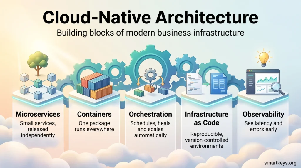 Cloud-native architecture infographic showing five building blocks: microservices, containers, orchestration, infrastructure as code and observability.