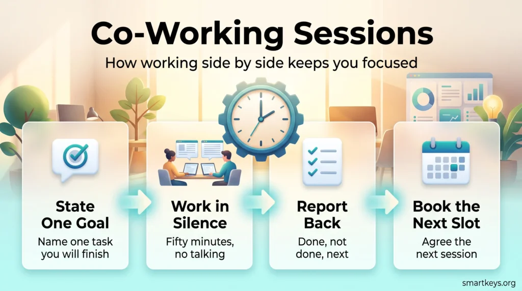 Infographic on co-working sessions showing four steps: state one goal, work in silence for fifty minutes, report back, and book the next slot.