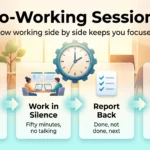 Infographic on co-working sessions showing four steps: state one goal, work in silence for fifty minutes, report back, and book the next slot.