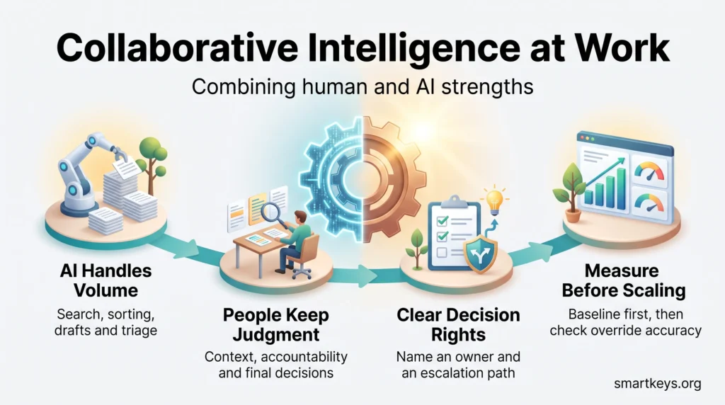 Collaborative intelligence infographic: AI handles volume, people keep judgment, clear decision rights and measuring before scaling.