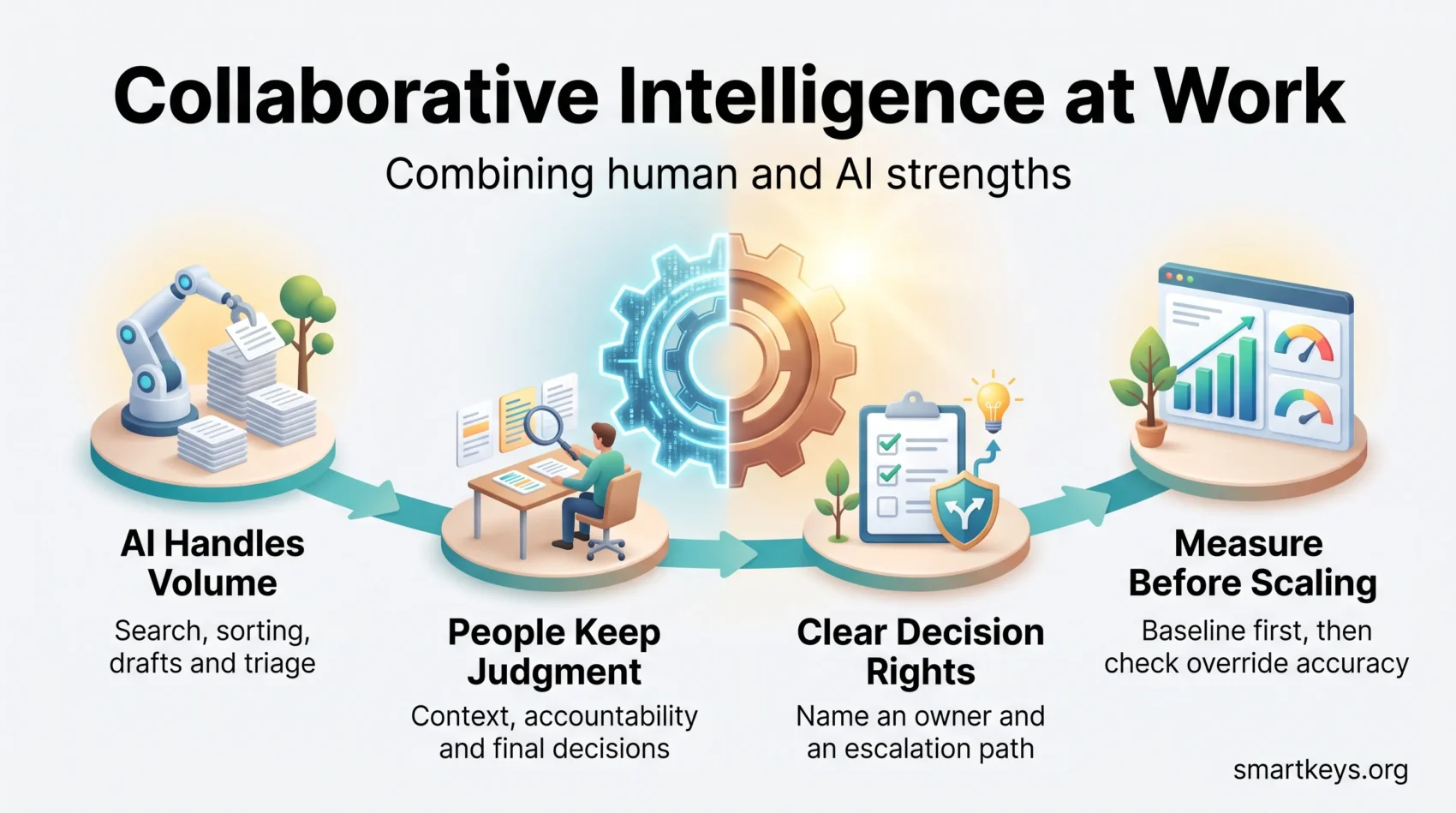 Collaborative intelligence infographic: AI handles volume, people keep judgment, clear decision rights and measuring before scaling.