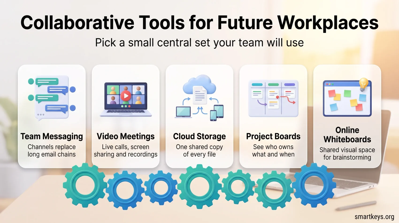 Infographic showing five types of collaborative tools for hybrid teams: team messaging, video meetings, cloud storage, project boards and online whiteboards.