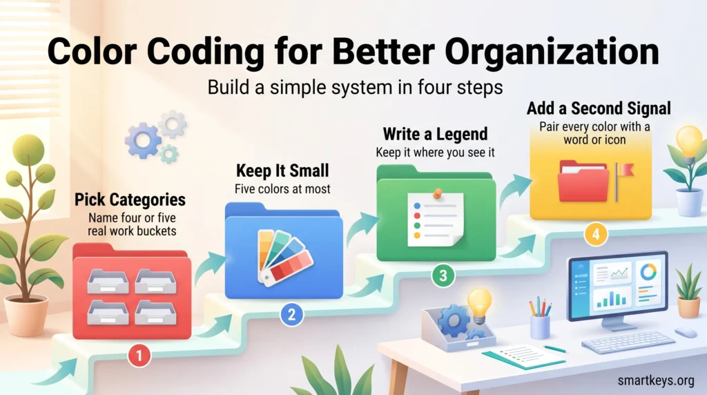 Color coding organization infographic showing four steps: pick categories, keep five colors at most, write a legend, and add a second signal.