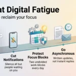 Infographic showing five steps to combat digital fatigue: a digital inventory, fewer notifications, focus blocks, async communication and screen-free evenings