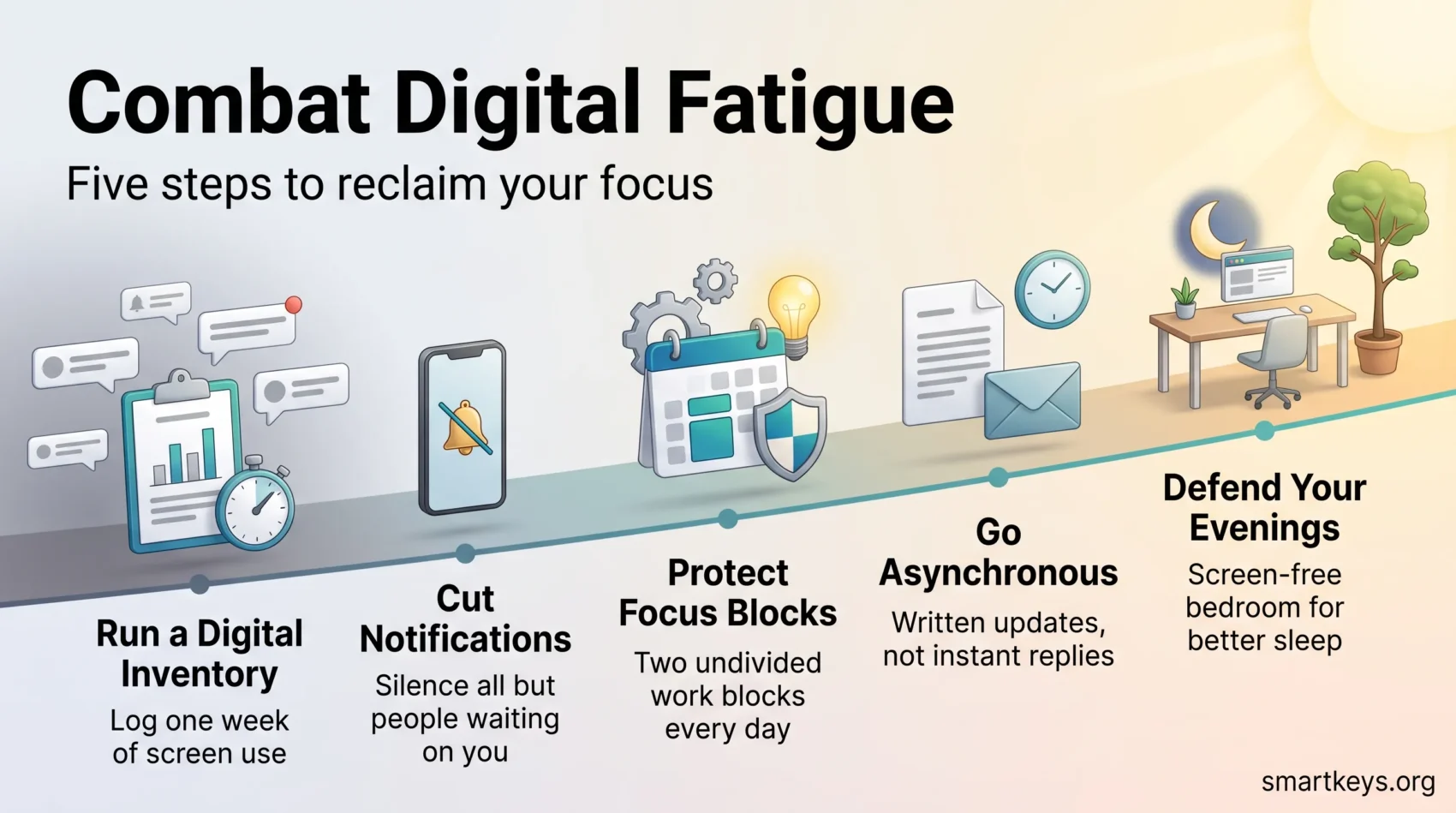 Infographic showing five steps to combat digital fatigue: a digital inventory, fewer notifications, focus blocks, async communication and screen-free evenings