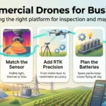 Commercial Drones in 2026: Business Uses and Buying Guide Commercial drones infographic showing five steps for business programs: define the deliverable, match the sensor, add RTK precision, plan batteries and certify pilots.