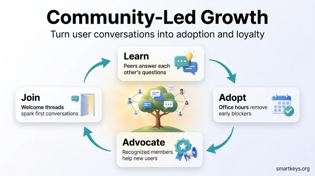 Community-led growth infographic showing a four stage flywheel around a tree: join, learn, adopt and advocate, as users help each other.