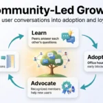 Community-Led Growth: Leveraging User Communities for Product Success Community-led growth infographic showing a four stage flywheel around a tree: join, learn, adopt and advocate, as users help each other.