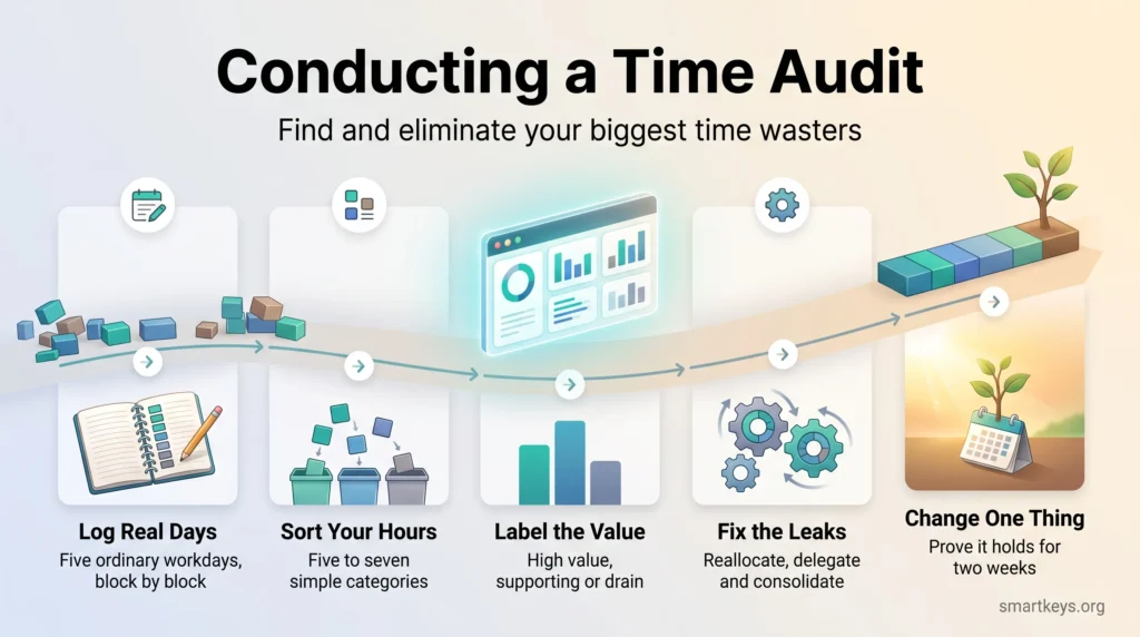Infographic on conducting a time audit: log five workdays, sort hours into categories, label their value, fix the leaks and change one thing first.