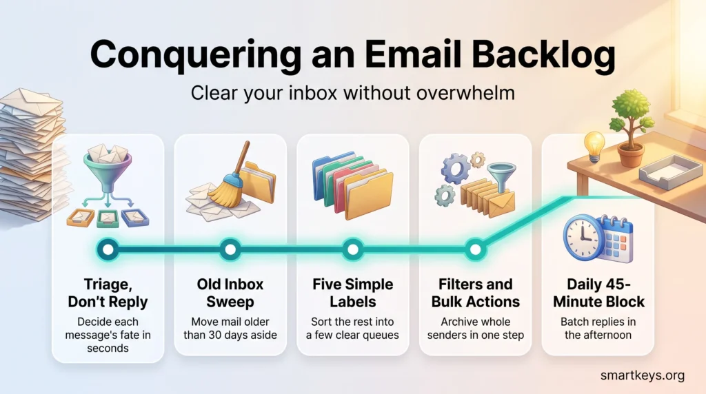 Infographic on conquering an email backlog in five steps: triage, an old inbox sweep, simple labels, bulk filters and a daily 45-minute reply block.