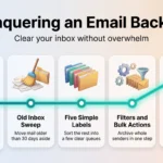 Infographic on conquering an email backlog in five steps: triage, an old inbox sweep, simple labels, bulk filters and a daily 45-minute reply block.