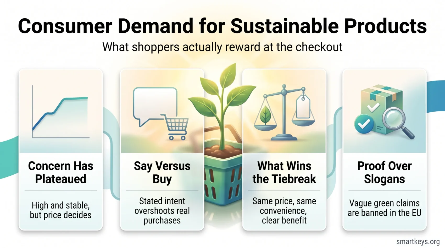 Infographic on consumer demand for sustainable products: concern has plateaued, stated intent overshoots purchases, price parity wins, and proof beats green slogans.