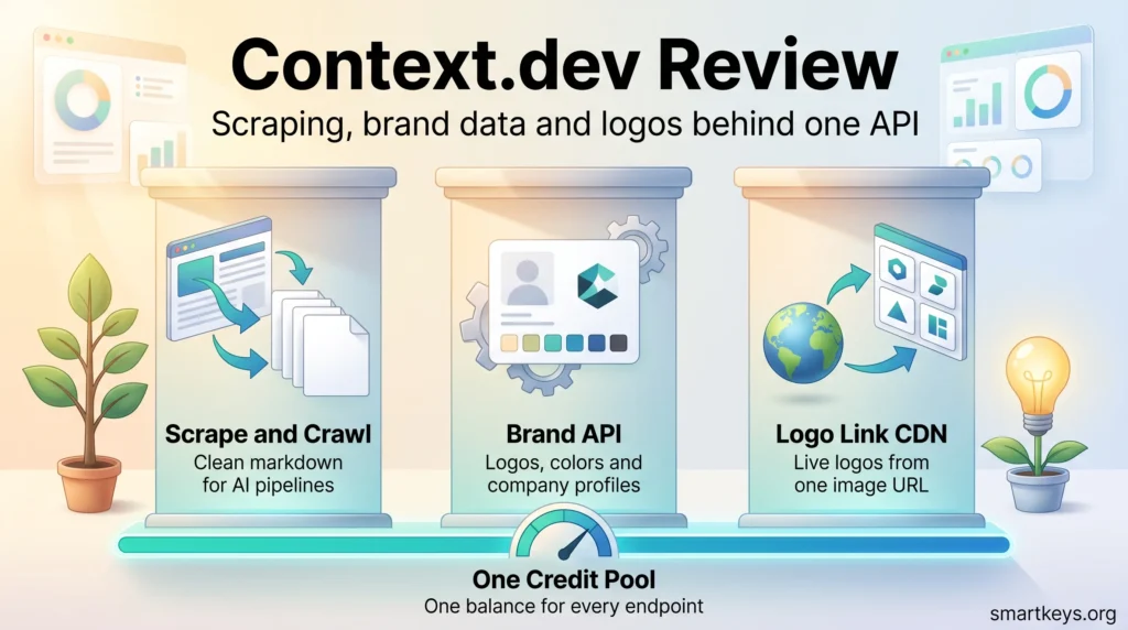 Context.dev review infographic showing three pillars for web scraping, a brand data API and a logo CDN, resting on one shared credit pool.