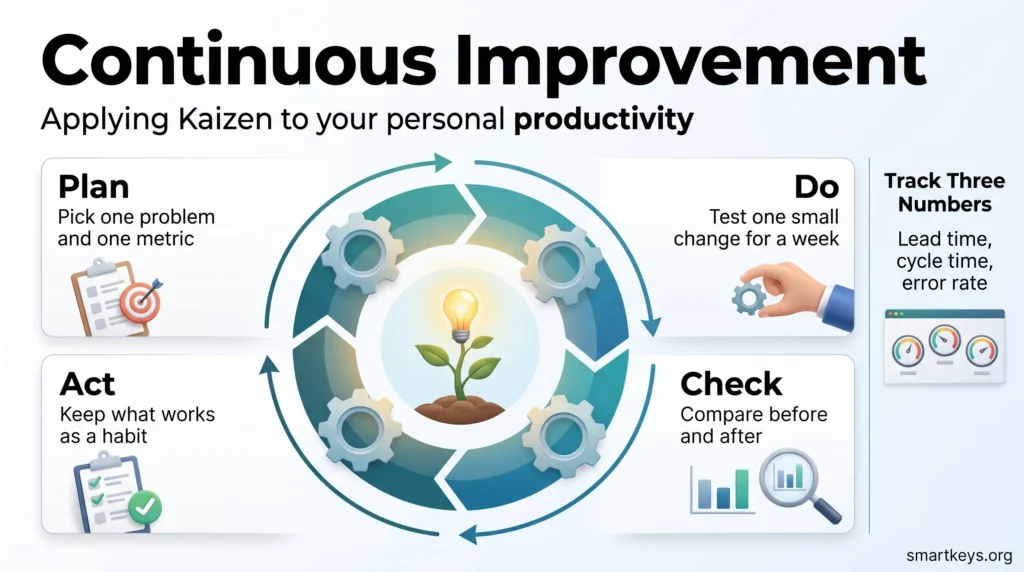 Continuous improvement infographic: the Kaizen Plan, Do, Check, Act cycle around a growing plant, plus lead time, cycle time and error rate to track.