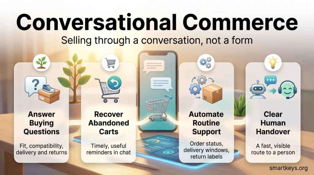 Conversational commerce infographic: answer buying questions, recover abandoned carts, automate routine support and offer a clear human handover.