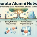 Corporate alumni networks infographic showing four returns from former employees: boomerang hires, quality referrals, new business and employer brand.
