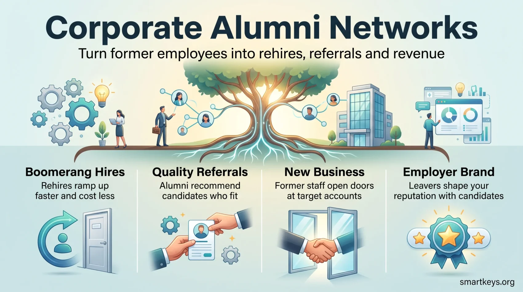 Corporate alumni networks infographic showing four returns from former employees: boomerang hires, quality referrals, new business and employer brand.