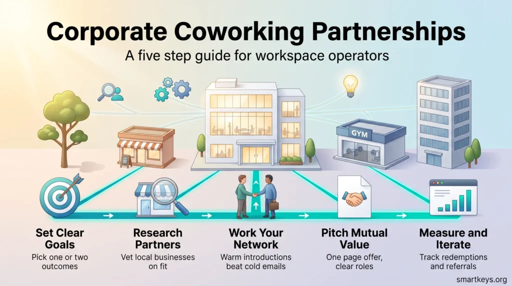Corporate coworking partnerships infographic with five steps for operators: set goals, research partners, network, pitch mutual value, then measure and iterate.