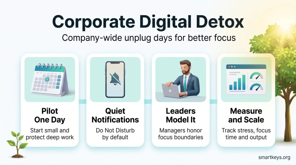 Corporate digital detox infographic showing four steps for company-wide unplug days: pilot one day, quiet notifications, leaders model it, measure and scale.