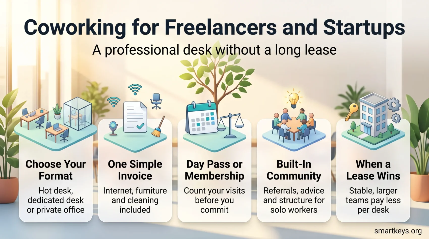 Infographic on coworking spaces for freelancers and startups: desk formats, all-in pricing, day pass or membership, community and when a lease wins.