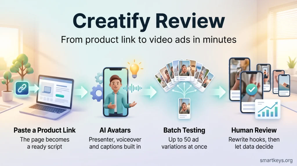 Creatify review infographic showing four steps: paste a product link, AI avatars with voiceover, batch testing of ad variations, and human review.