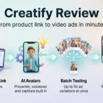 Creatify review infographic showing four steps: paste a product link, AI avatars with voiceover, batch testing of ad variations, and human review.