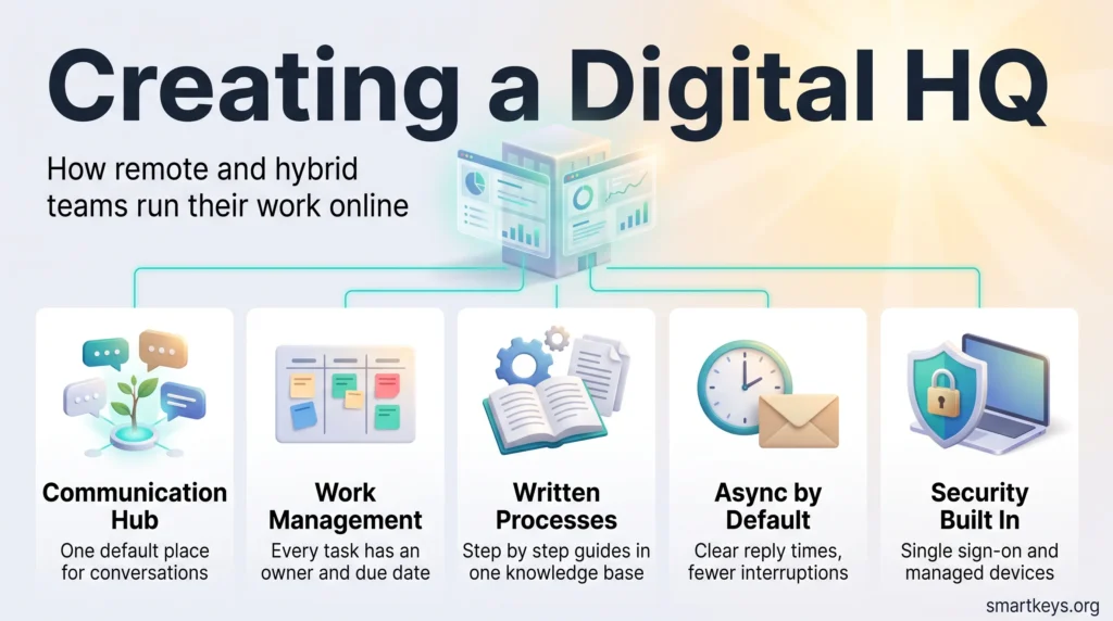 Infographic on creating a digital HQ for remote teams: communication hub, work management, written processes, async by default and built-in security.